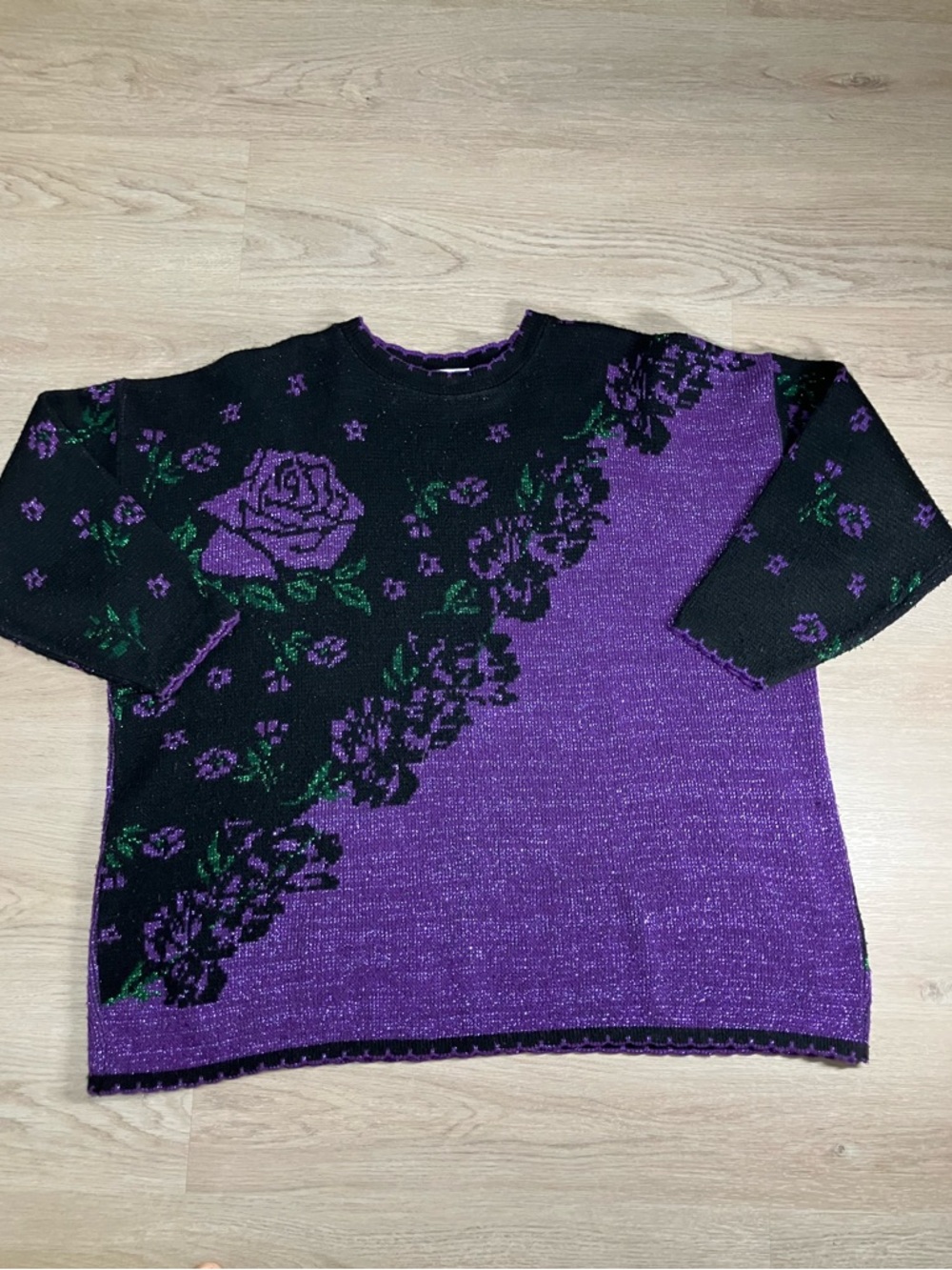 Vintage Nut Cracker Women Black Purple Floral Crew Neck Knit Pullover Sweater 3X